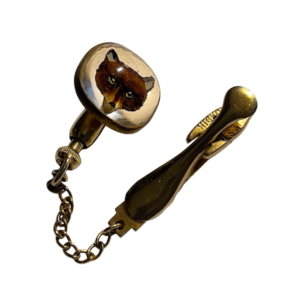 ✨Hickok Reverse Hand-Painted Fox Head Tie Guard Essex Carved Crystal Pin & Bar✨